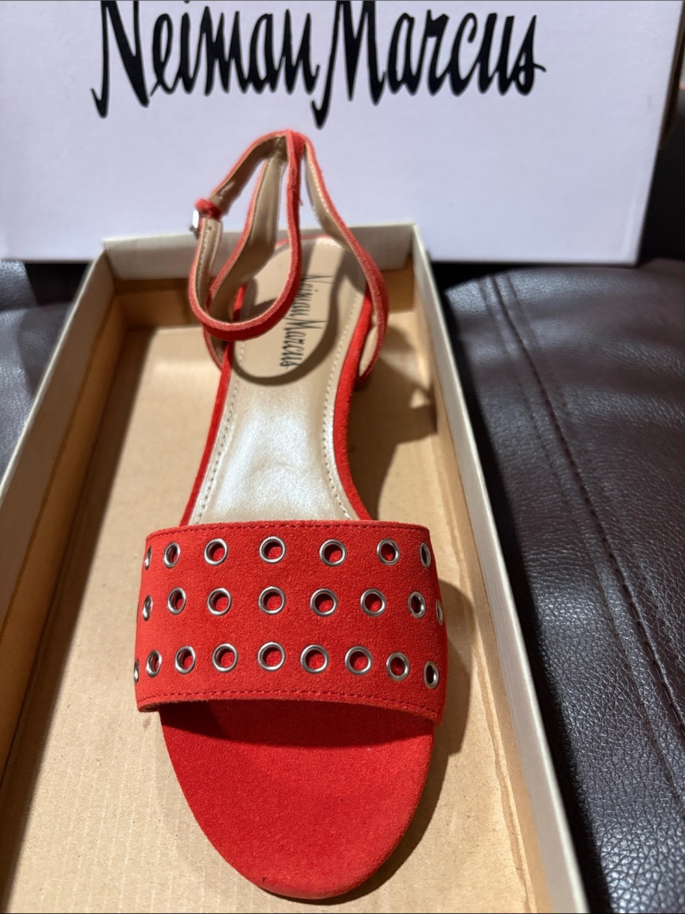 Neiman Marcus Red Suede Grommet Ankle-Strap Sandal, size 6M.